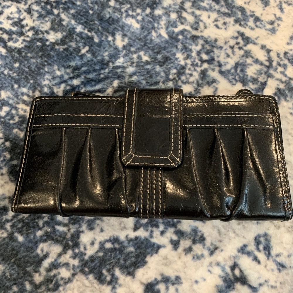Y2K Fossil Black Leather Wallet Clutch‎ Purse Pleated Boho Biker Style VTG